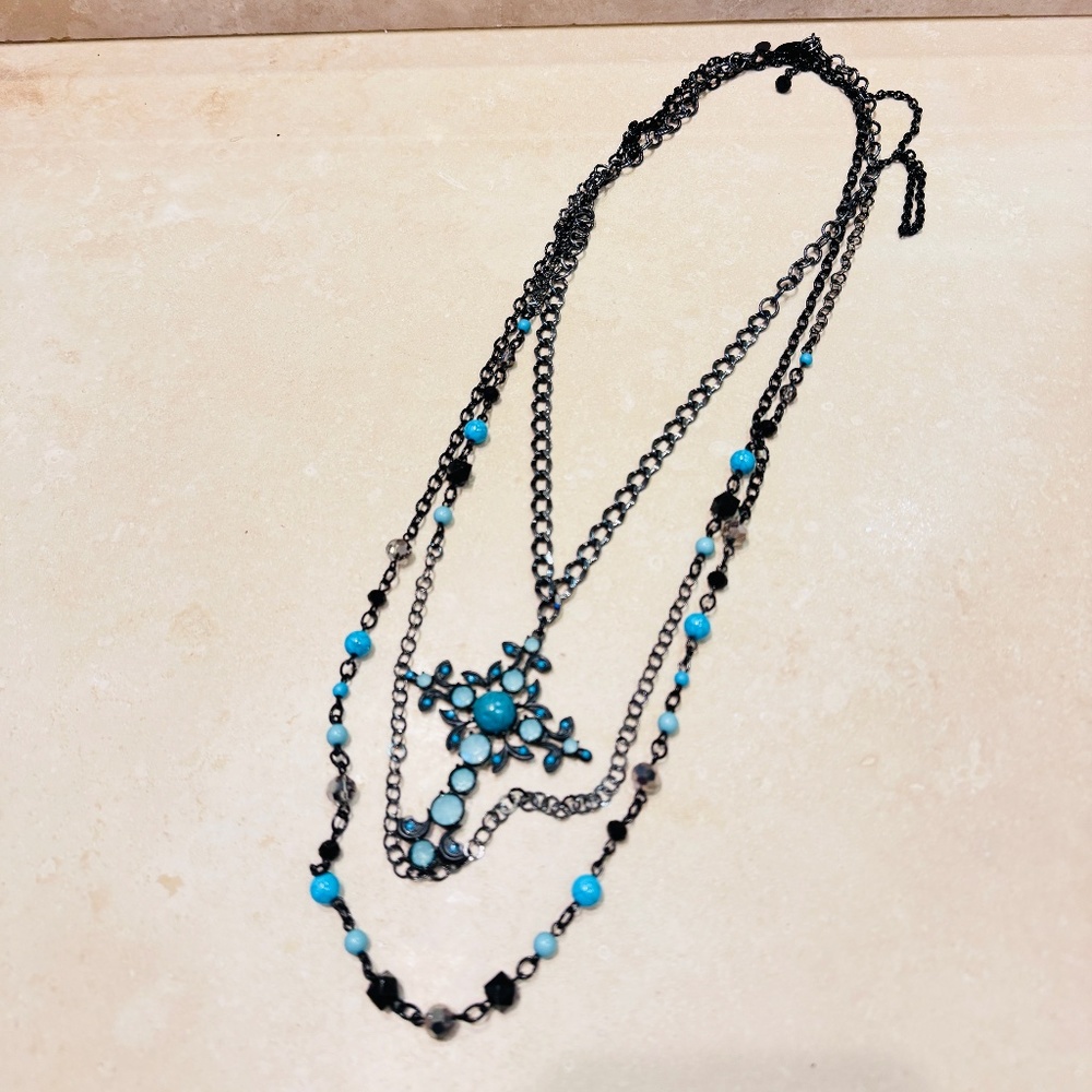 Express Fashion Black and Turquoise Beaded Cross necklace